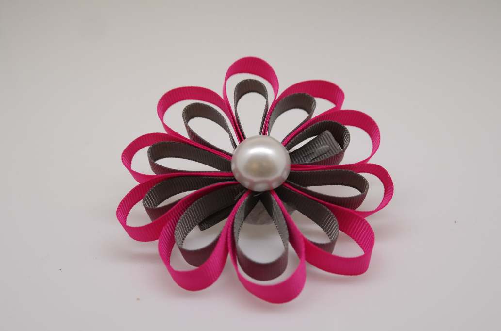 Large petal flower hair Bow with colors  Shocking PInk, Grey